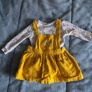 Floral Long Sleeve with Yellow Corduroy Overall Dress